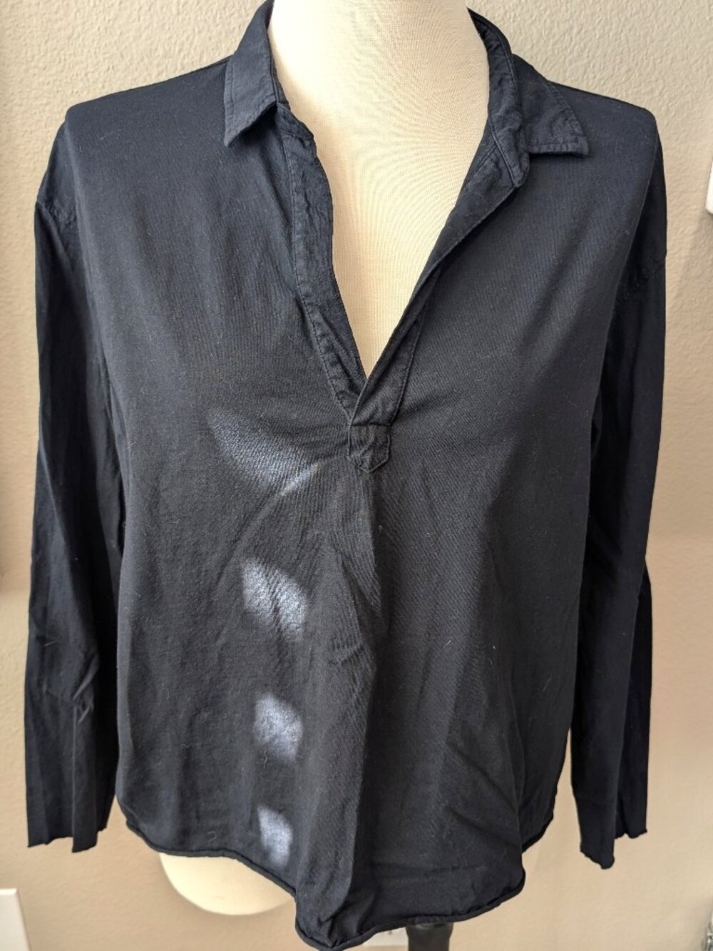 Frank and Eileen Black Cotton Popover Top, Long Sleeve, L